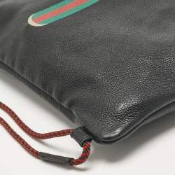 Pre Owned Gucci Black Leather Logo Drawstring Backpack