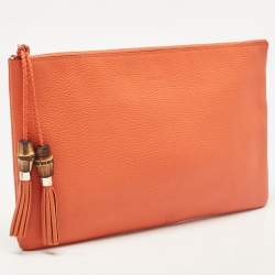 Pre Owned Gucci Orange Leather Bamboo Tassel Zip Pouch