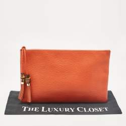 Pre Owned Gucci Orange Leather Bamboo Tassel Zip Pouch