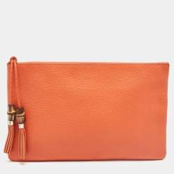Pre Owned Gucci Orange Leather Bamboo Tassel Zip Pouch
