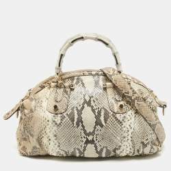 Pre Owned Gucci Beige Python Pop Bamboo Satchel