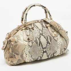 Pre Owned Gucci Beige Python Pop Bamboo Satchel
