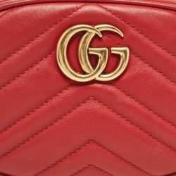 Pre Owned Gucci Red Matelassé Leather Mini GG Marmont Belt Bag