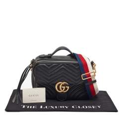 Gucci Black Matelassé Leather GG Marmont Top Handle Bag