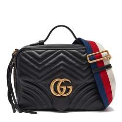 Gucci Black Matelassé Leather GG Marmont Top Handle Bag