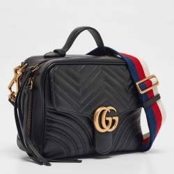 Gucci Black Matelassé Leather GG Marmont Top Handle Bag