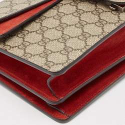 Pre Owned Gucci Red/Beige GG Supreme Canvas and Suede Small Dionysus Shoulder Bag