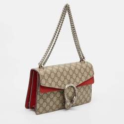 Pre Owned Gucci Red/Beige GG Supreme Canvas and Suede Small Dionysus Shoulder Bag