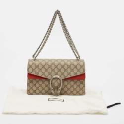 Pre Owned Gucci Red/Beige GG Supreme Canvas and Suede Small Dionysus Shoulder Bag