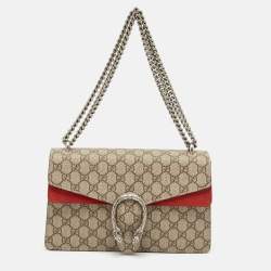 Pre Owned Gucci Red/Beige GG Supreme Canvas and Suede Small Dionysus Shoulder Bag