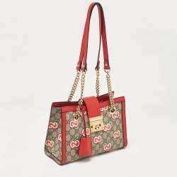 Gucci Red/Beige GG Supreme Canvas Apple Print Small Padlock Shoulder Bag