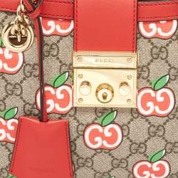 Gucci Red/Beige GG Supreme Canvas Apple Print Small Padlock Shoulder Bag