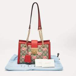 Gucci Red/Beige GG Supreme Canvas Apple Print Small Padlock Shoulder Bag