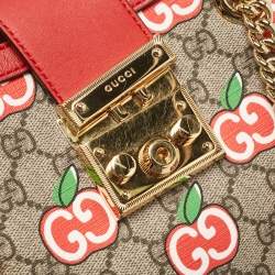 Gucci Red/Beige GG Supreme Canvas Apple Print Small Padlock Shoulder Bag