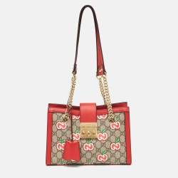 Gucci Red/Beige GG Supreme Canvas Apple Print Small Padlock Shoulder Bag