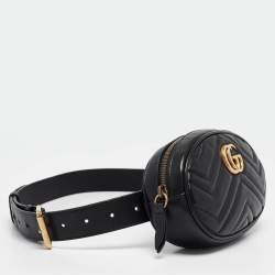 Pre Owned Gucci Black Matelassé Leather GG Marmont Belt Bag