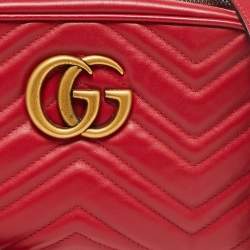 Pre Owned Gucci Red Matelassé Leather Small GG Marmont Shoulder Bag