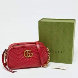 Pre Owned Gucci Red Matelassé Leather Small GG Marmont Shoulder Bag