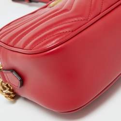 Pre Owned Gucci Red Matelassé Leather Small GG Marmont Shoulder Bag