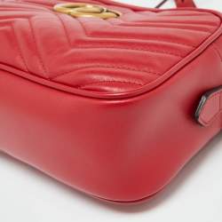 Pre Owned Gucci Red Matelassé Leather Small GG Marmont Shoulder Bag