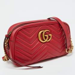 Pre Owned Gucci Red Matelassé Leather Small GG Marmont Shoulder Bag