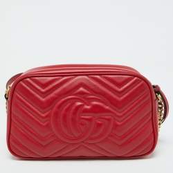 Pre Owned Gucci Red Matelassé Leather Small GG Marmont Shoulder Bag