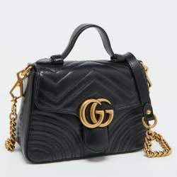 Pre Owned Gucci Black Leather GG Marmont Mini Top Handle Bag