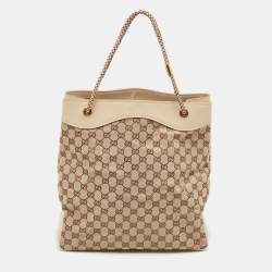Pre Owned Gucci Beige Canvas Leather Tote