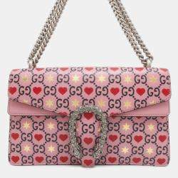 مملوكة مسبقًا Gucci Pink Leather Dionysus GG Supreme Heart Valentine Chain Shoulder Small Bag