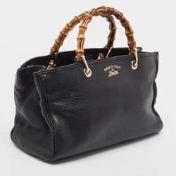 Pre Owned Gucci Black Leather Medium Bamboo Shopper Tote