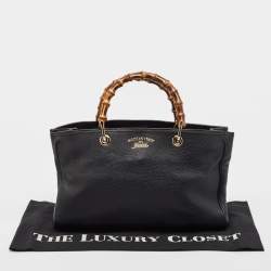 Pre Owned Gucci Black Leather Medium Bamboo Shopper Tote
