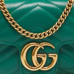Pre Owned Gucci Green Matelassé Leather Super Mini GG Marmont Shoulder Bag