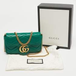 Pre Owned Gucci Green Matelassé Leather Super Mini GG Marmont Shoulder Bag