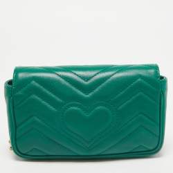 Pre Owned Gucci Green Matelassé Leather Super Mini GG Marmont Shoulder Bag