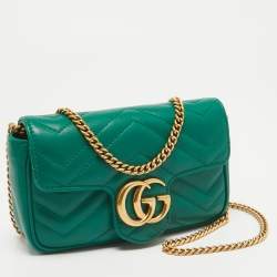 Pre Owned Gucci Green Matelassé Leather Super Mini GG Marmont Shoulder Bag