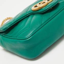 Pre Owned Gucci Green Matelassé Leather Super Mini GG Marmont Shoulder Bag