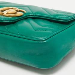 Pre Owned Gucci Green Matelassé Leather Super Mini GG Marmont Shoulder Bag