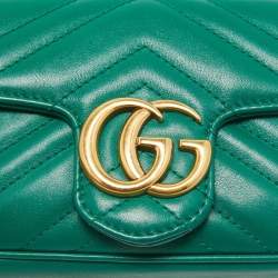Pre Owned Gucci Green Matelassé Leather Super Mini GG Marmont Shoulder Bag