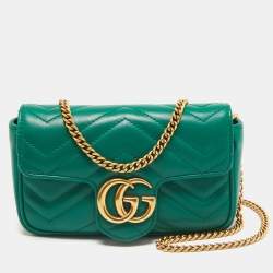 Pre Owned Gucci Green Matelassé Leather Super Mini GG Marmont Shoulder Bag