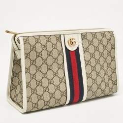 Pre Owned Gucci White/Beige GG Supreme Canvas Ophidia Pouch