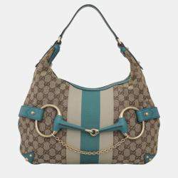 Gucci Blue, Brown Leather, Canvas Oversized Horsebit Hobo Bag 
