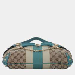 Gucci Blue, Brown Leather, Canvas Oversized Horsebit Hobo Bag 