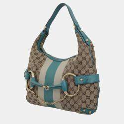 Gucci Blue, Brown Leather, Canvas Oversized Horsebit Hobo Bag 