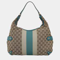 Gucci Blue, Brown Leather, Canvas Oversized Horsebit Hobo Bag 