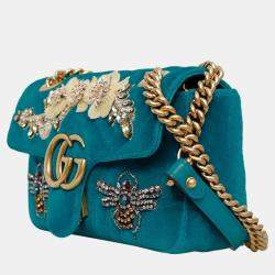 Pre Owned Gucci Teal Velvet Mini Velvet Embroidered GG Marmont Flap Bag