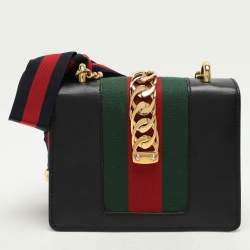 Gucci Black Leather Mini Web Chain Sylvie Shoulder Bag