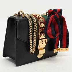 Gucci Black Leather Mini Web Chain Sylvie Shoulder Bag