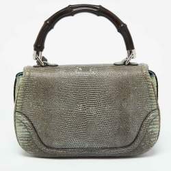 Pre Owned Gucci Blue/Brown Lizard Leather Medium Bamboo Top Handle Bag