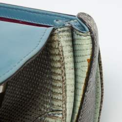 Pre Owned Gucci Blue/Brown Lizard Leather Medium Bamboo Top Handle Bag