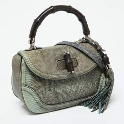 Pre Owned Gucci Blue/Brown Lizard Leather Medium Bamboo Top Handle Bag